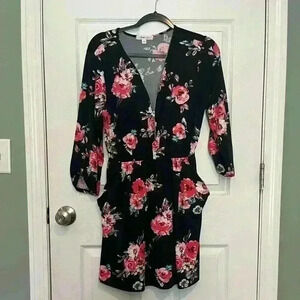 Juniors Club Soda 3/4 Sleeve Floral Front Zip Up Dress Size Large